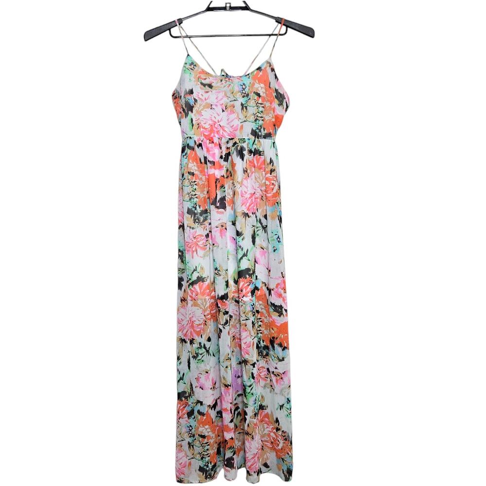 Mystree Maxi Dress Size Small Floral Multicolor Spaghetti Strap Orange Blue